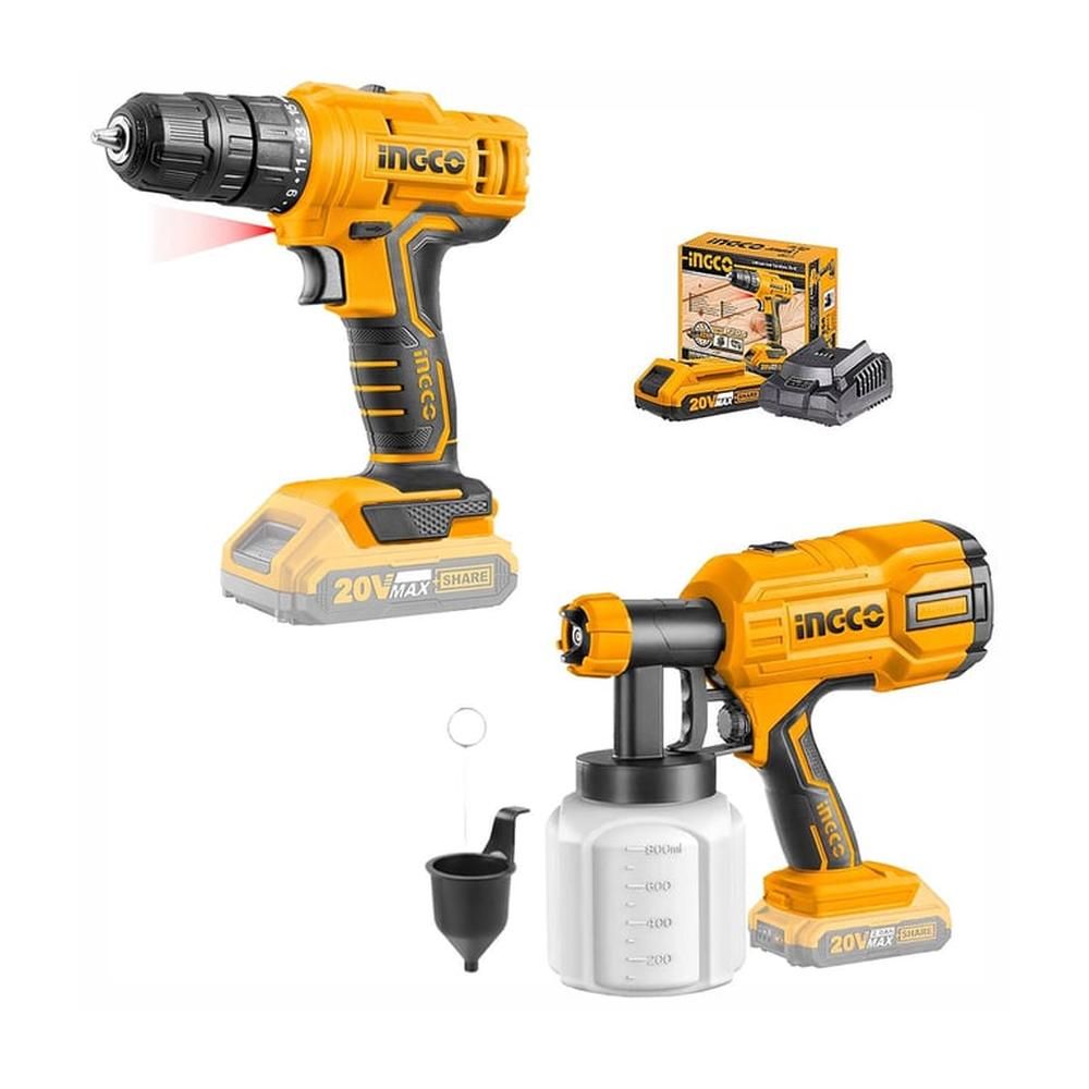 Combo 20V Ingco Taladro Atornillador Pistola De Pintar Bater