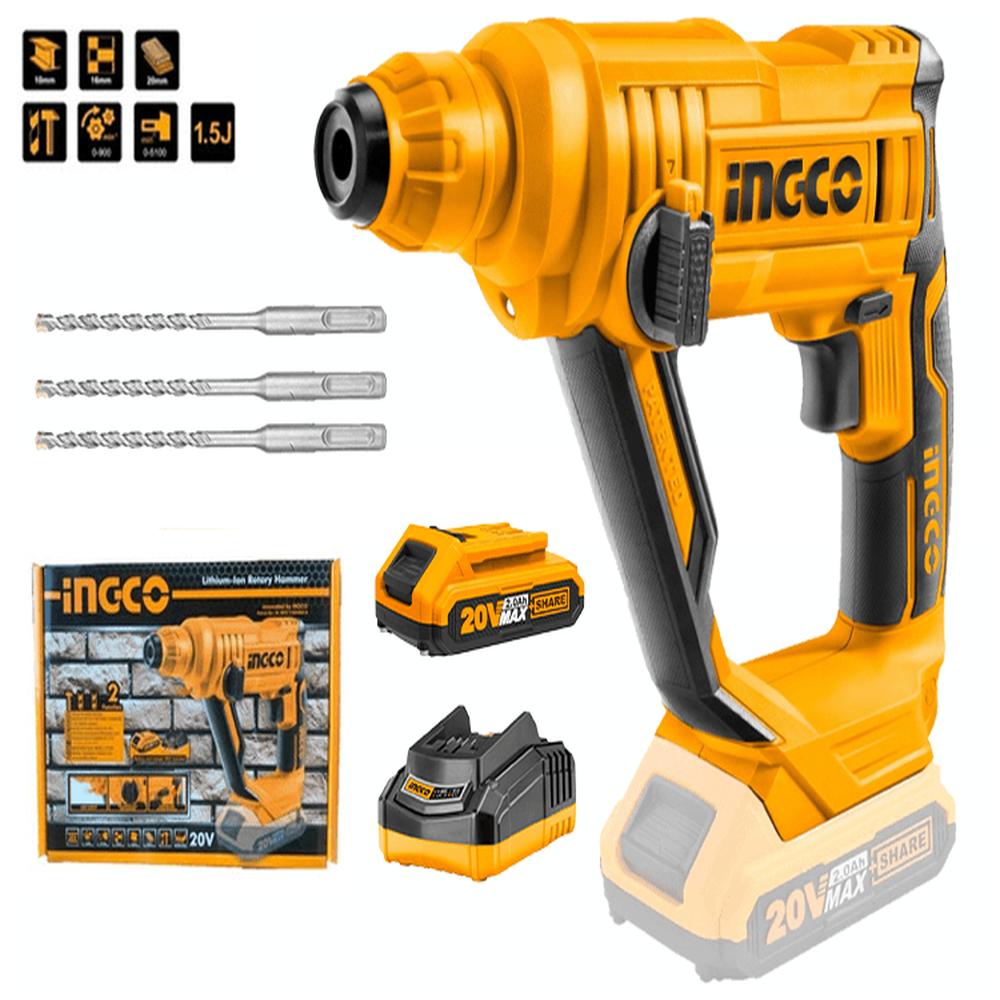 Rotomartillo Sds Plus 20V 15J Inalámbrico Batería Y Cargador Ingco
