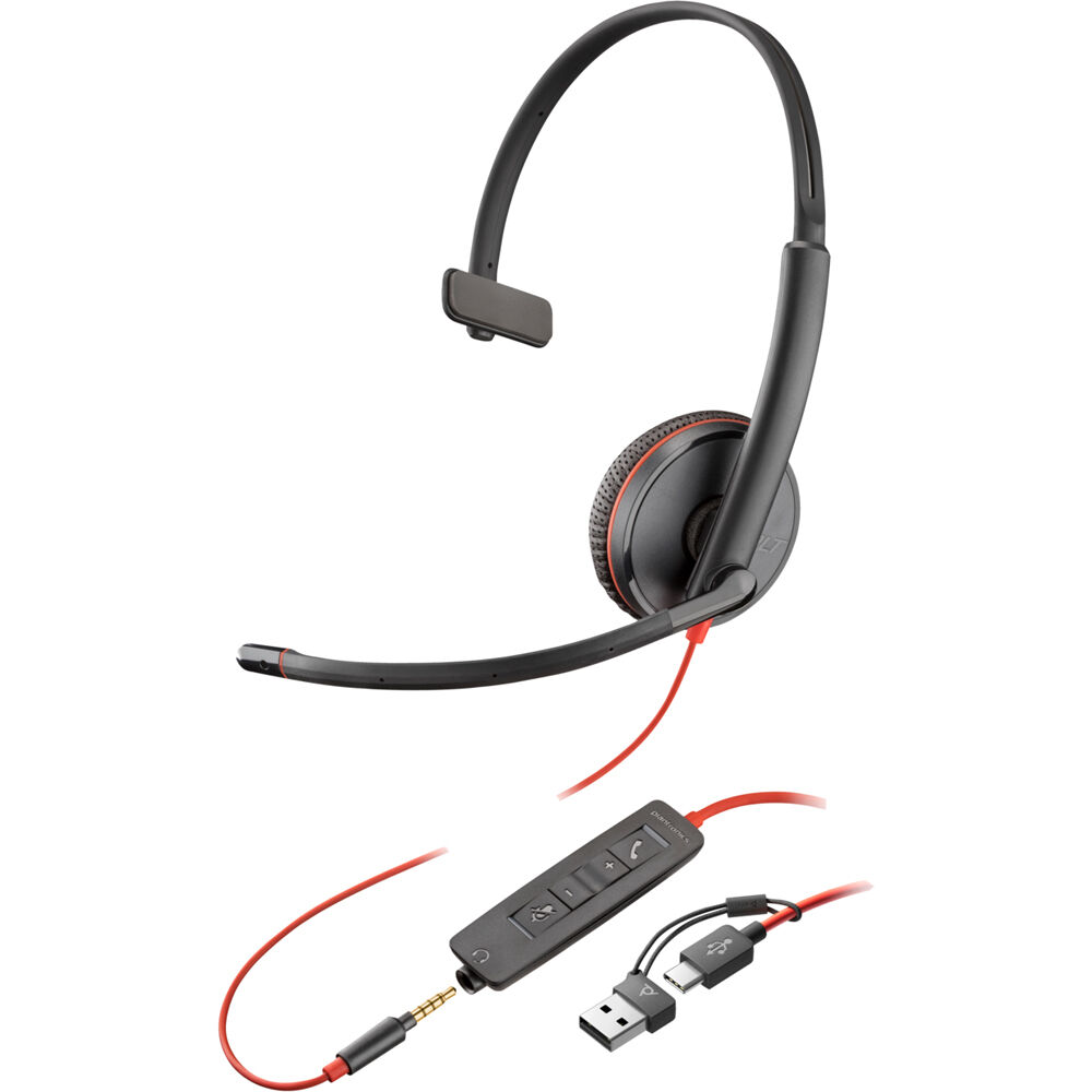 Auricular Mono USB-C Poly Blackwire 3215 con Micrófono Cancelador de Ruido y Controles de Llamada In