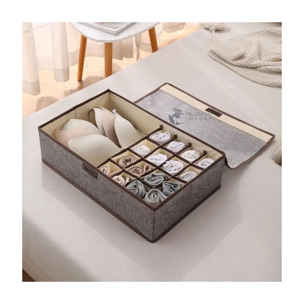 Caja de Almacenamiento de Ropa Interior con Tapa y Divisiones Gris