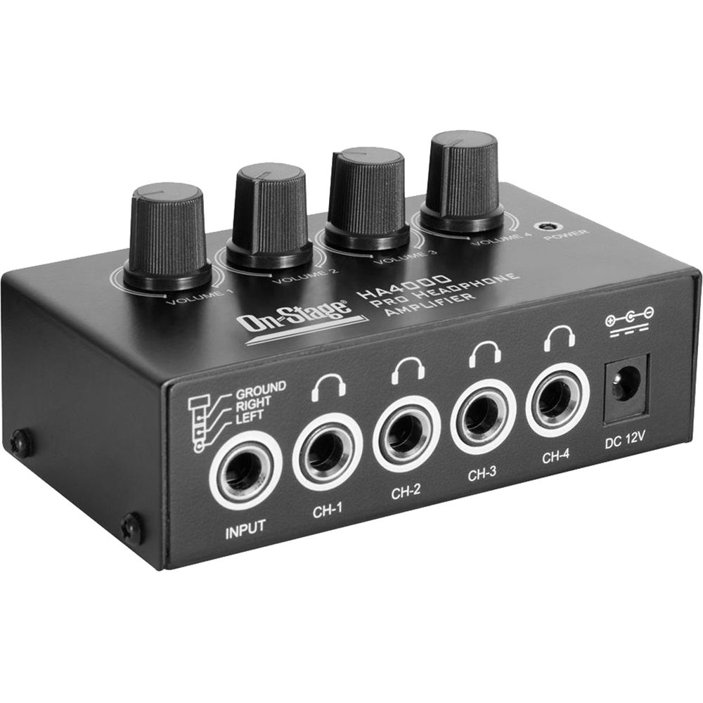 Amplificador de Auriculares On-Stage HA4000 Pro de 4 Canales con Ganancia Ajustable y Entradas Estér