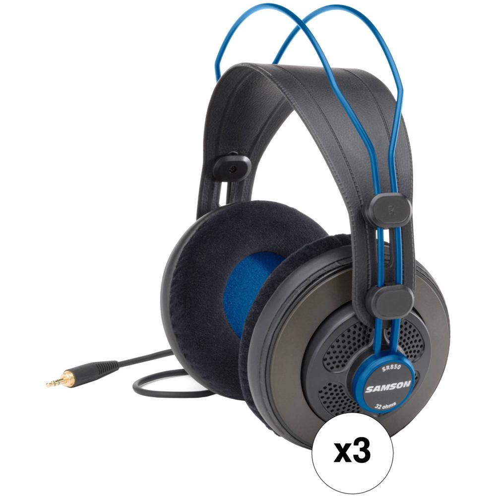 Auriculares de Estudio Semi-Abiertos Samson SR850B (Azul, Paquete de 3) - Drivers Dinámicos Neodimio