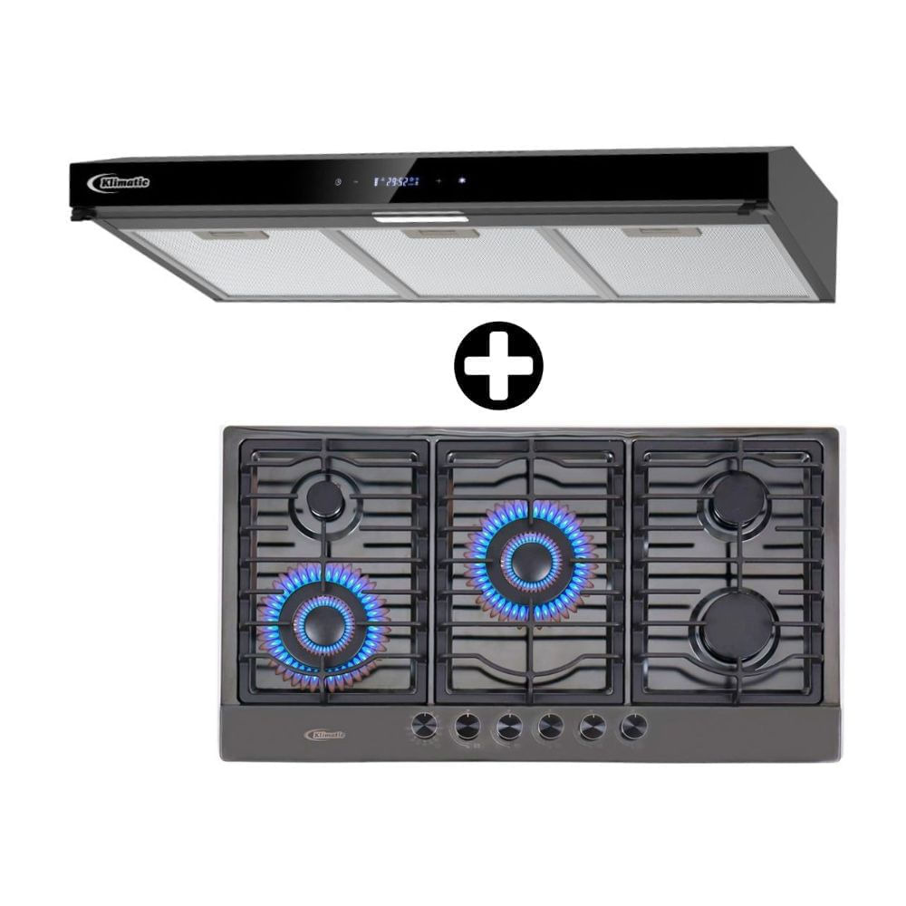 COMBO Klimatic: Cocina Empotrable Alina 5 Hornillas a Gas Negro + Campana extractora Volendam 90cm