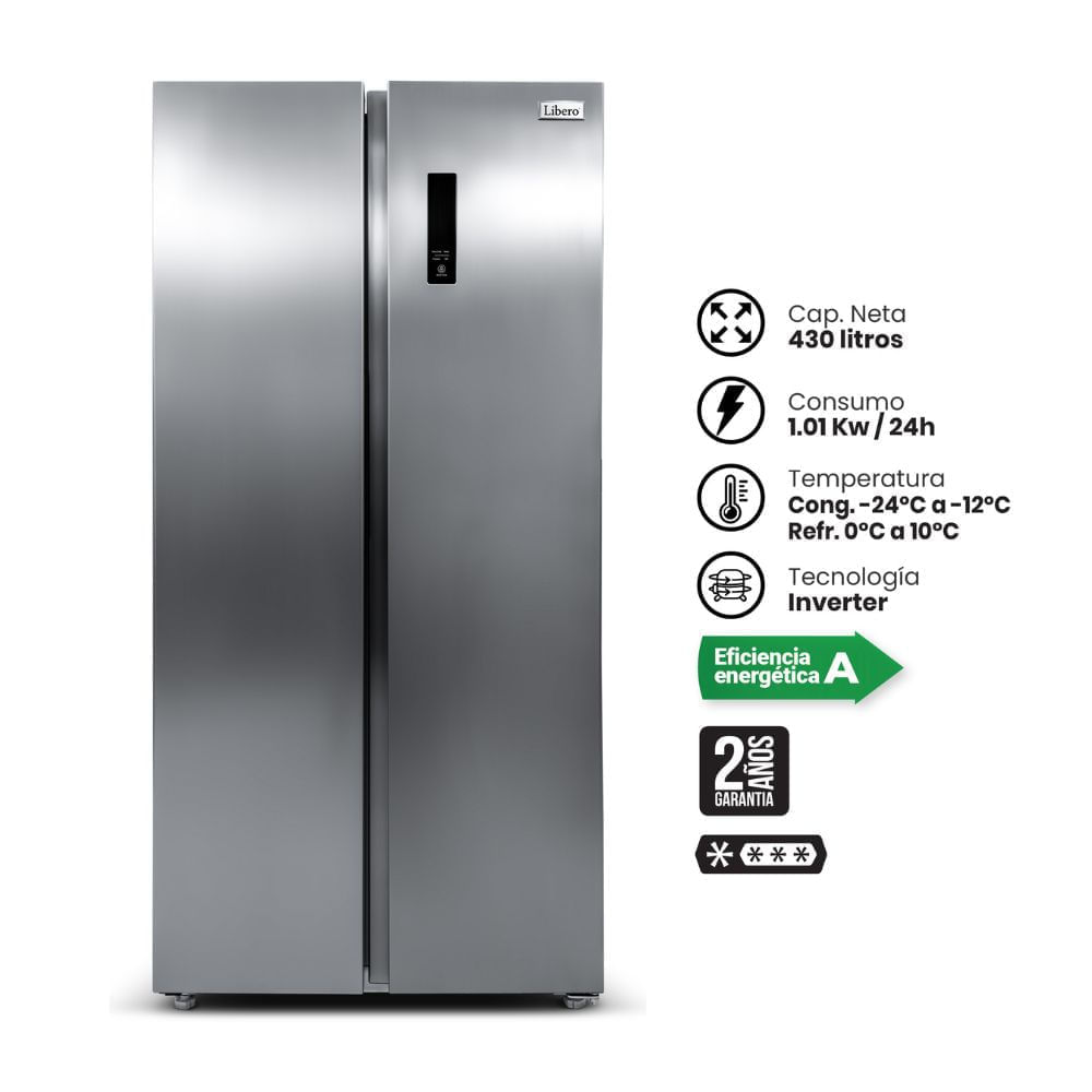 Refrigeradora Libero LSBS467NFI Side By Side No Frost 430L Gris Acero