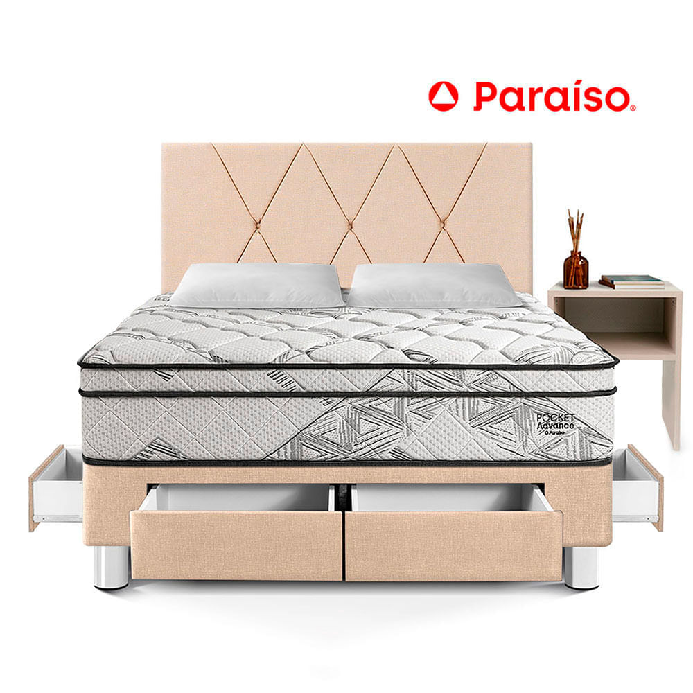 Dormitorio Pocket Advance 2 Plazas con Cajones + Velador Repisa