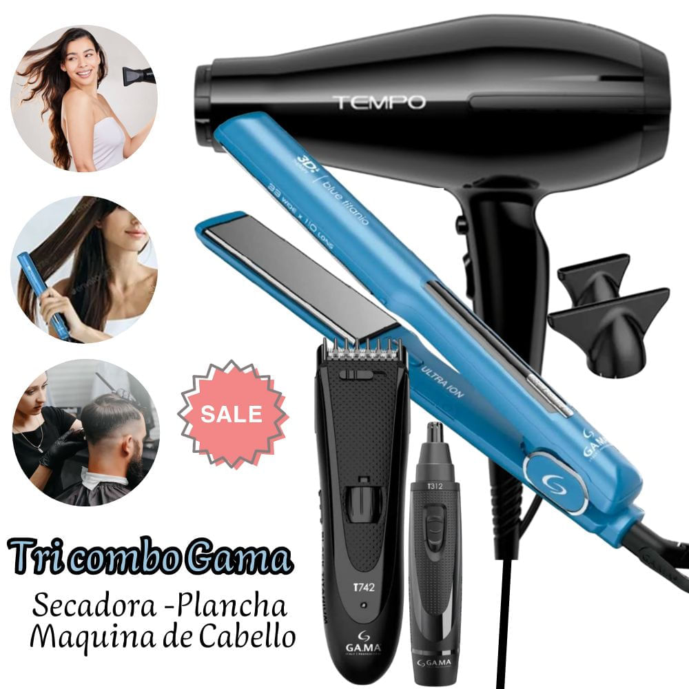 TRIO GAMA SECADORA PROFESIONAL TEMPO NEGRO- PLANCHA ALISADORA BLUE TITANIO 3D-MAQUINA BLACK