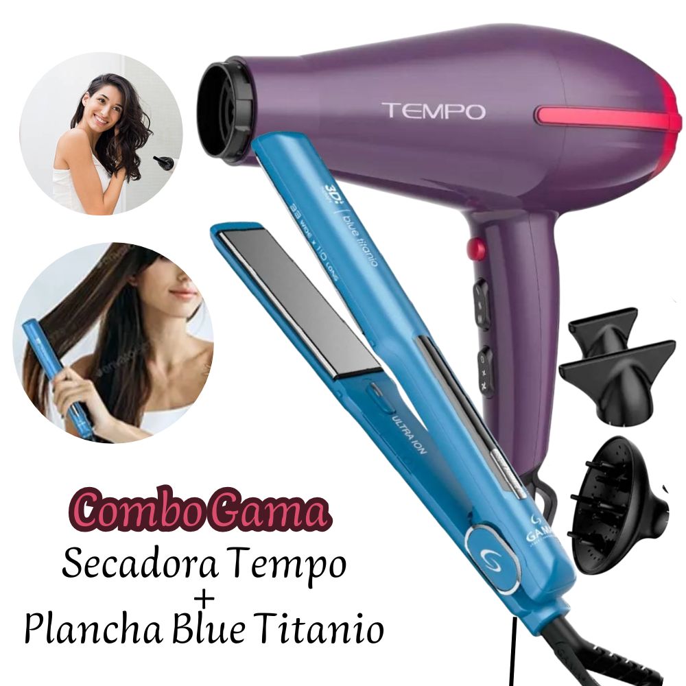 COMBO DE SECADORA GAMA PROFESIONAL TEMPO MORADA 3D MÁS PLANCHA ALISADORA GAMA BLUE TITANIO 3D