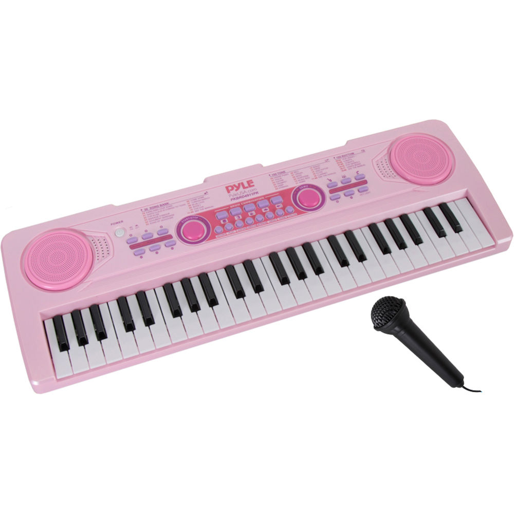 Teclado Electrónico Pyle Pro Portátil de 49 Teclas (Recargable, Rosa) con Micrófono de Mano, Batería