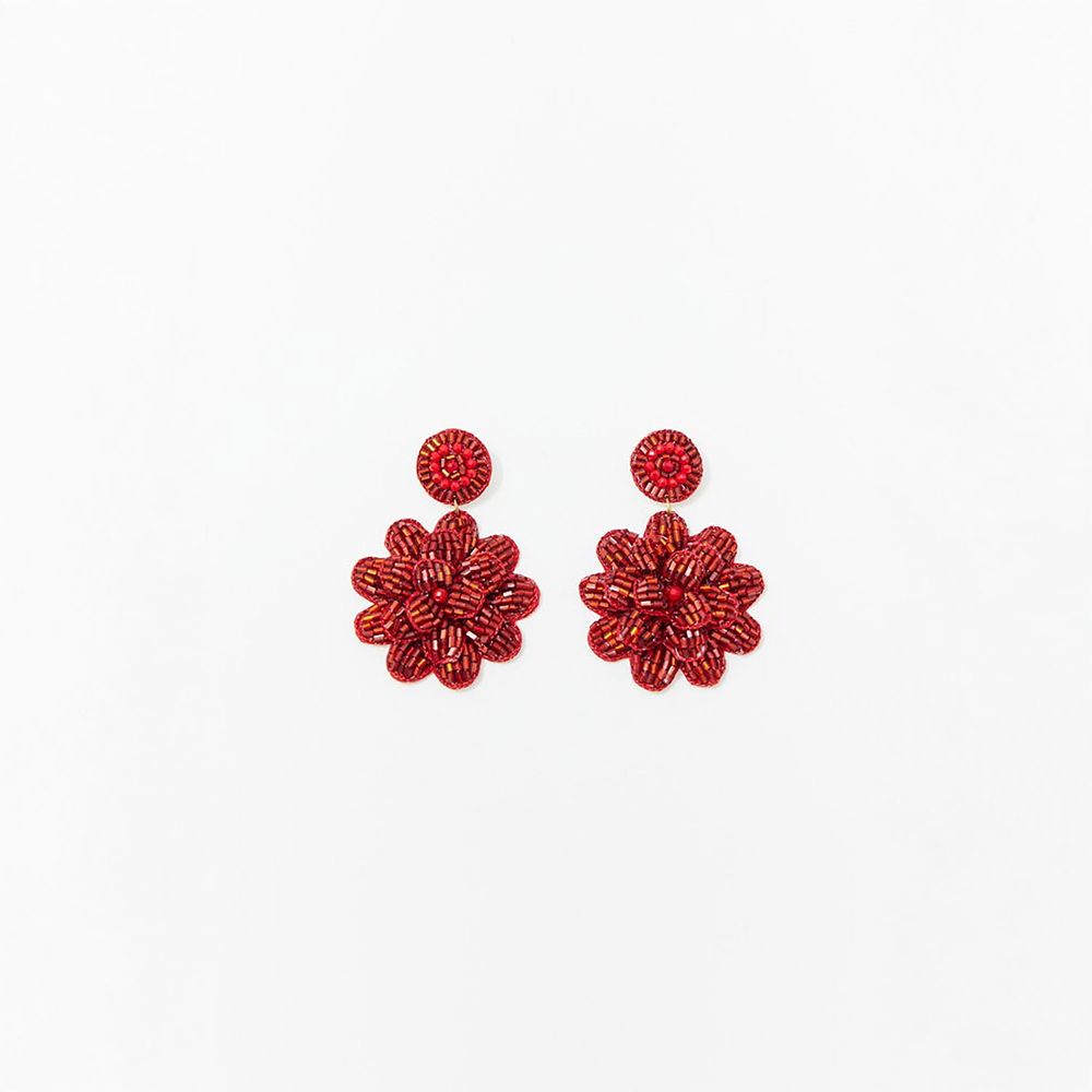 Aretes Sfera Mujer Flores Bordadas Rojo