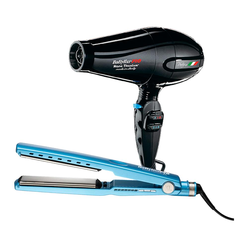 Combo BabylissPRO Alisadora Nano Titanium XL BNT9091TXLPE y Secador Portofino Negro BNT6610NPE