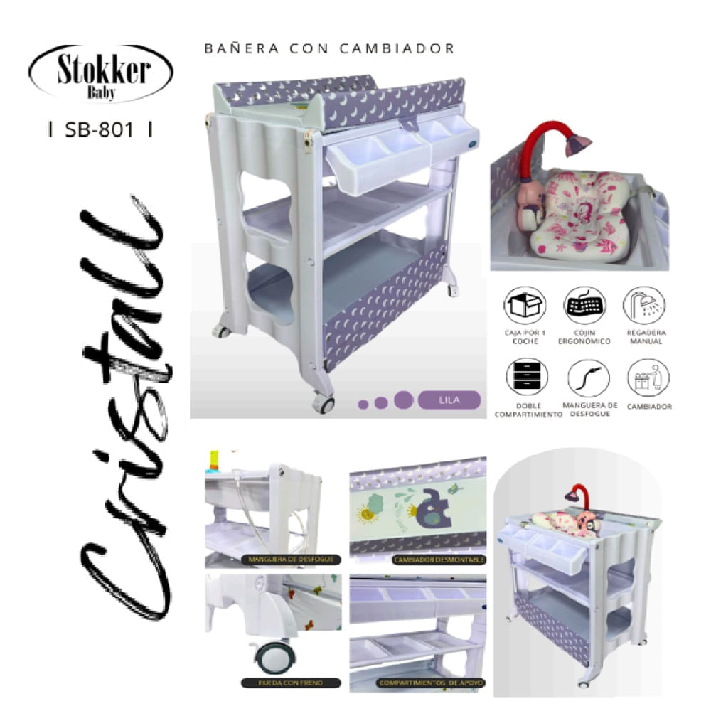 Bañera cambiador con regadera y cojín CRISTALL LILA