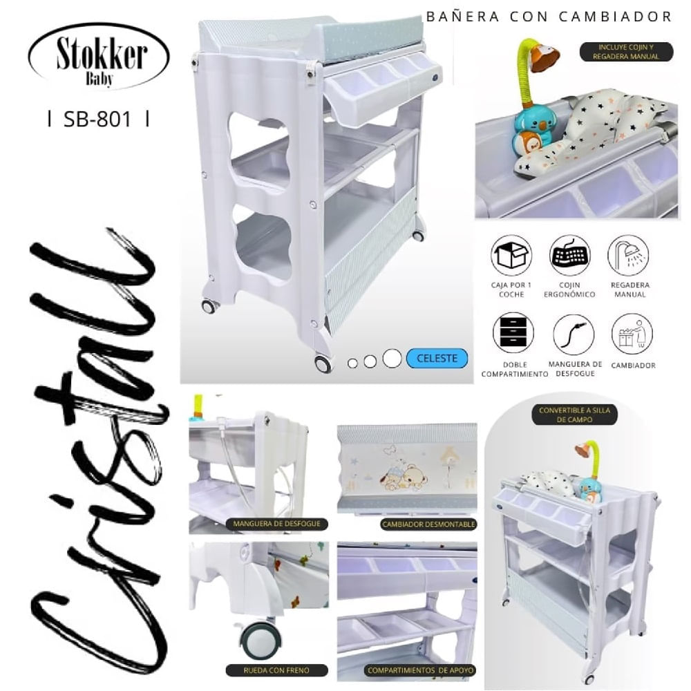 Bañera cambiador con regadera y cojín CRISTALL Celeste
