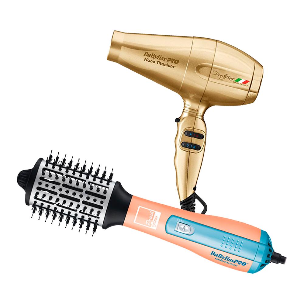 Combo BabylissPRO Cepillo Eléctrico BNTHBPE250PE y Secador Nano Titanium Portofino Dorado BNTG6610P