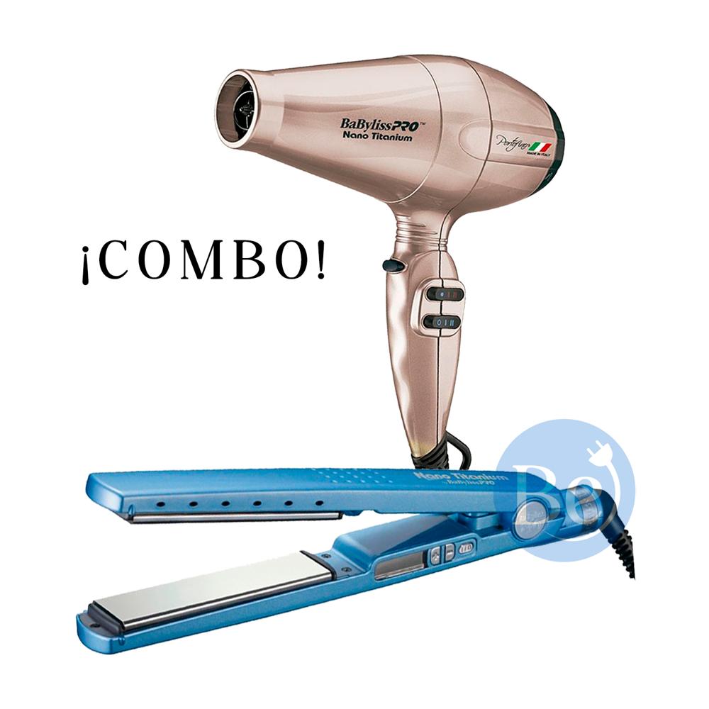 Combo BabylissPRO Alisadora Nano Titanium BNT4091TPE y Secador Portofino Rose Gold BNTRG6610PE