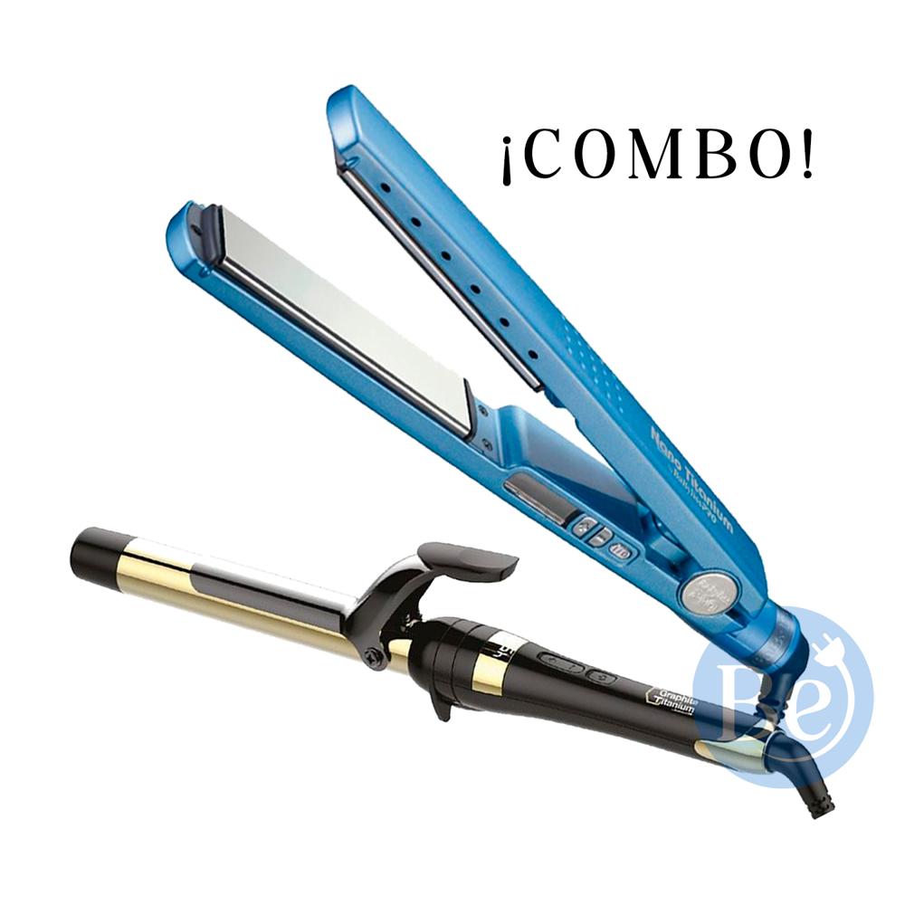 Combo BabylissPRO Alisadora Nano Titanium BNT4091TPE y Rizador Graphite Titanium BGT100PE