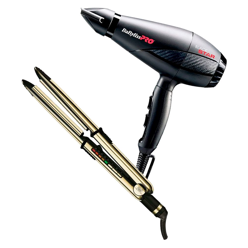 Combo BabylissPro Alisadora Optima 3000 BNTG3000TPE Dorada y Secador Black Star B6200PE