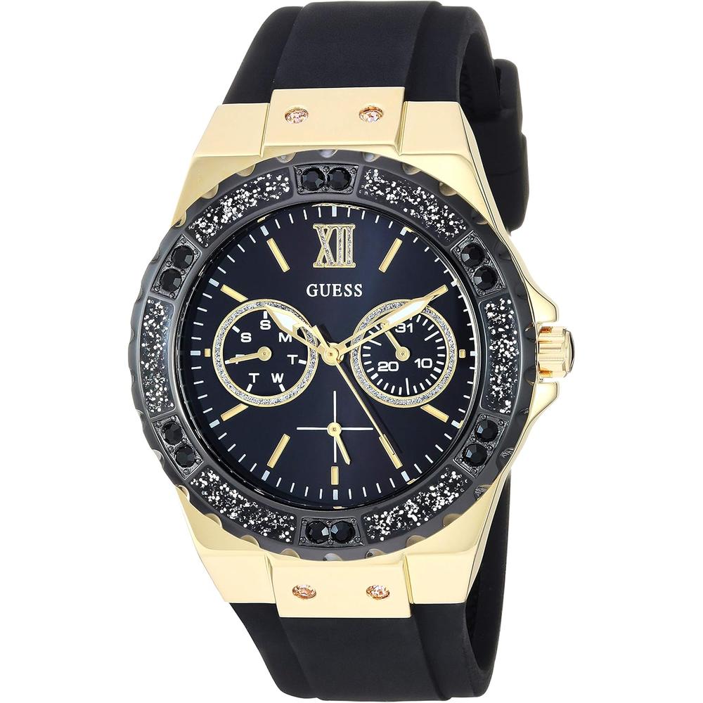 GUESS Reloj de silicona resistente a las manchas de acero inoxidable para mujer | Oro - Negro