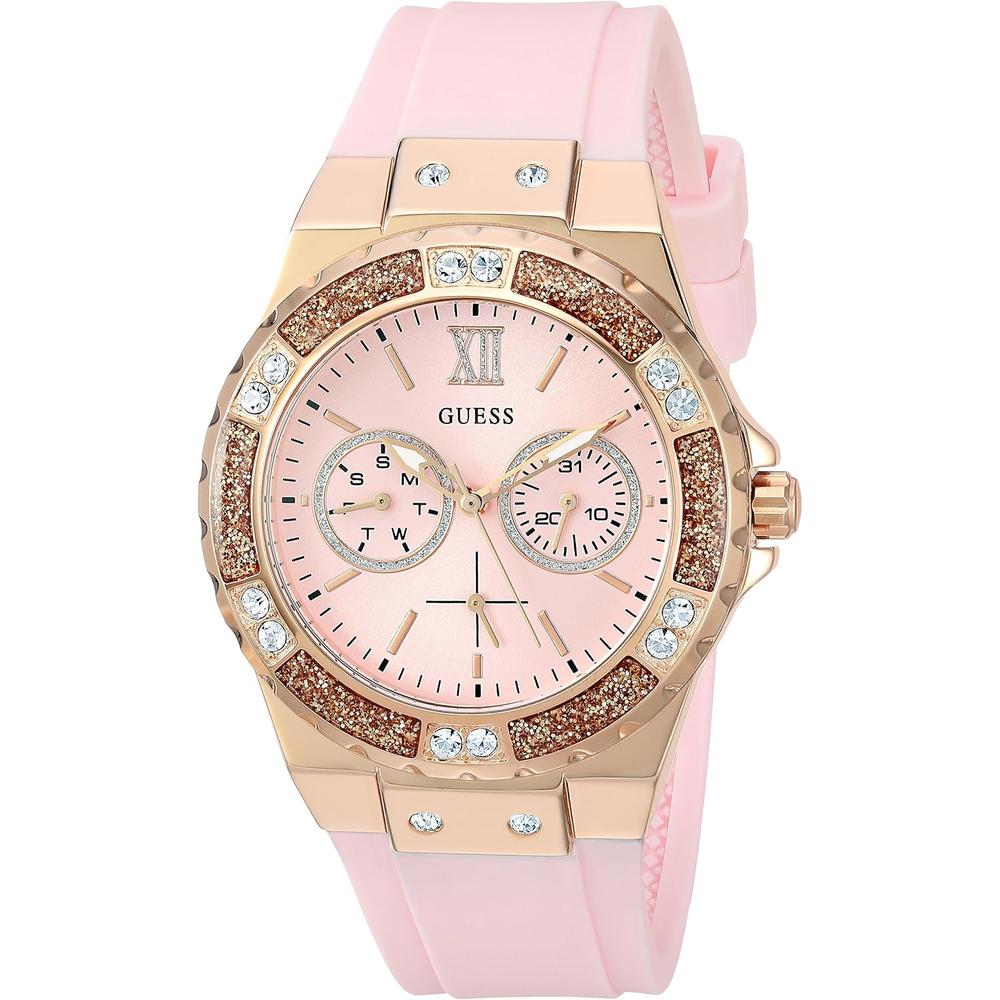 GUESS Reloj de silicona resistente a las manchas de acero inoxidable para mujer | Oro Rosa - Rosado