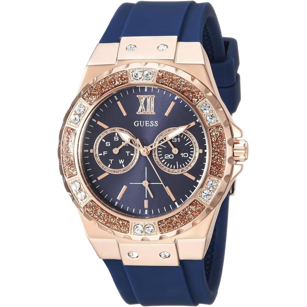 GUESS Reloj de silicona resistente a las manchas de acero inoxidable para mujer | Oro Rosa - Azul