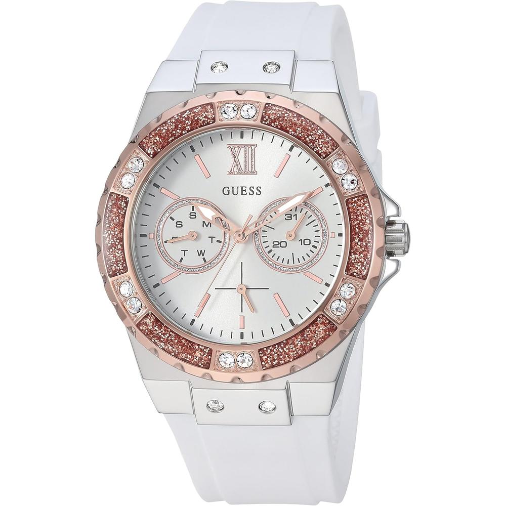 GUESS Reloj de silicona resistente a las manchas de acero inoxidable para mujer | Oro Rosa - Blanco