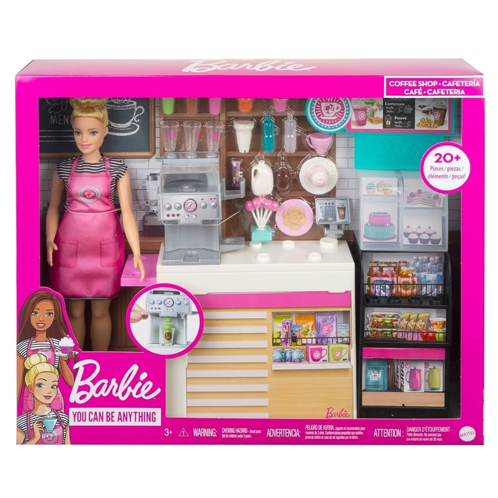 Muñeca Barbie Cafeteria Coffee Shop con 20 Accesorios Oechsle