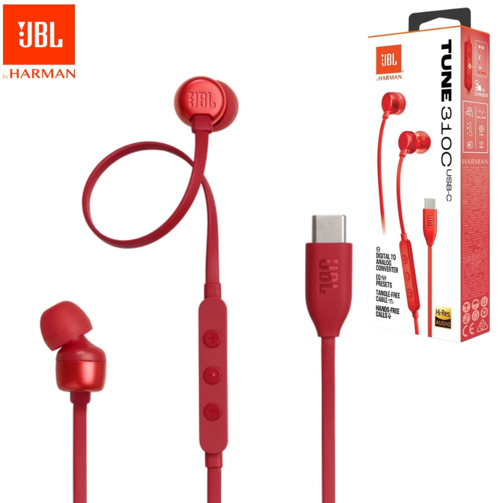 JBL Audifonos USB-C HI-RES Extra Bass + Ecualizador Tune 310C Rojo