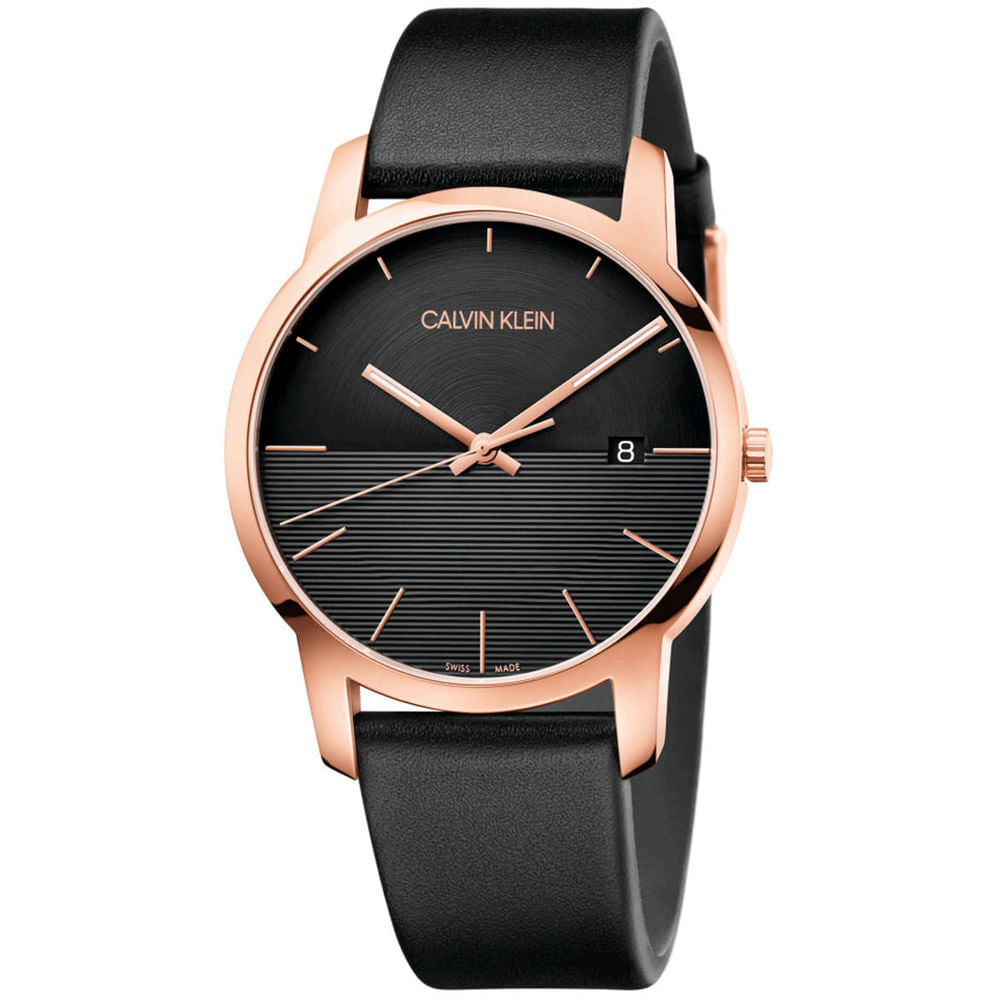 Reloj Calvin Klein City K2G2G6CZ Suizo Fecha Acero Inoxidable Oro Rosado Correa Cuero Negro