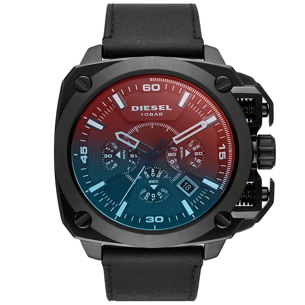 Reloj Diesel BAMF DZ7448 Fecha Cronómetro Correa Cuero Negro Cristal Iridiscente
