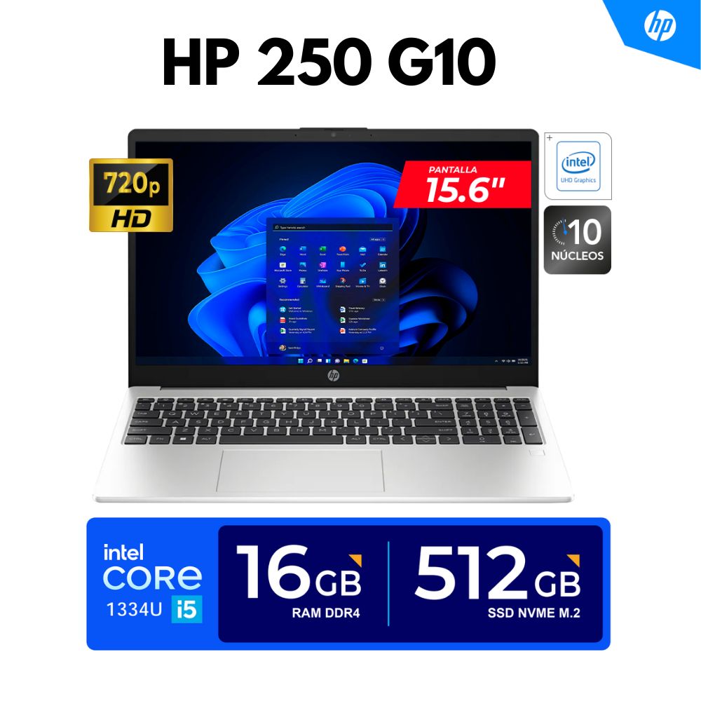LAPTOP HP 250 G10 15.6"" HD LED Core i5-1334U 4.60GHz 10 Núcleos 16GB DDR4 512GB SSD FREEDOS