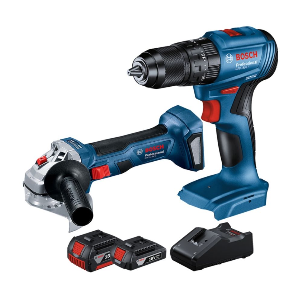 Taladro Percutor 1/2" GSB 185-LI + Amoladora Angular 5" GWS 180-LI + 2 Baterías 18V + Cargador Bosch