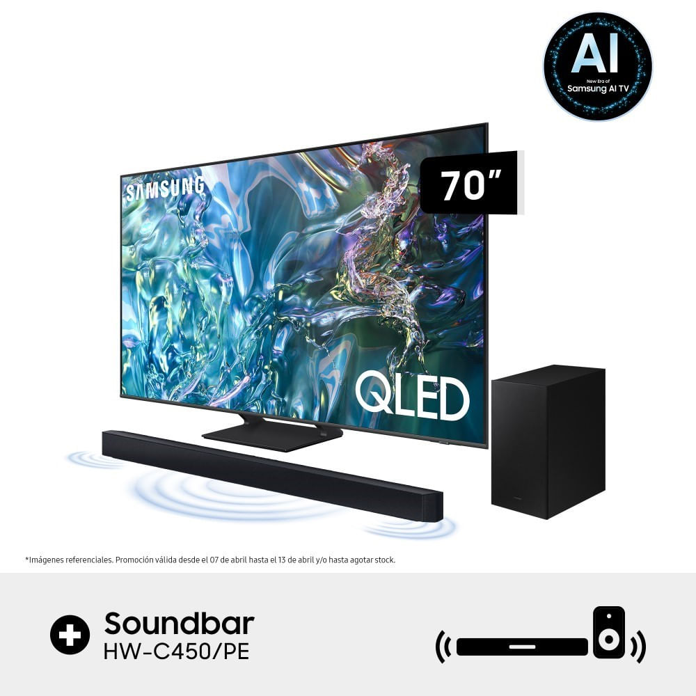 Televisor Samsung 70'' QN70Q65DAGXPE QLED 4K Q65D Tizen OS Smart TV + Soundbar Samsung Bluetooth 2.1 CH HW-C450/PE