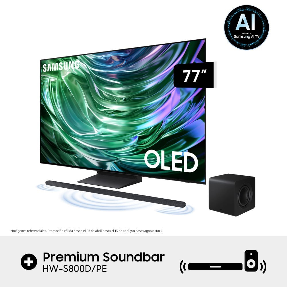 Televisor Samsung 77'' OLED S90D 4K Tizen OS Smart TV (2024) + Barra de sonido Dolby Atmos 3.1.2 HW-S800D
