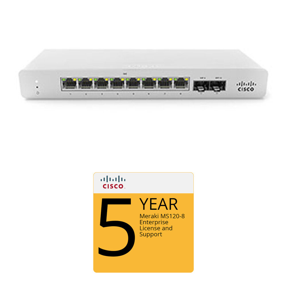 Switch de Acceso Cisco MS120-8 con 8 Puertos Gigabit, 2 Uplinks SFP y Licencia Empresarial de 5 Años