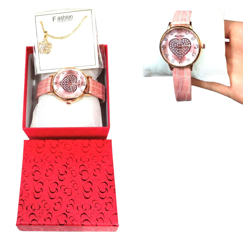 Set de Reloj Corazon y Collar en Cofre Dia de la Madre Rosa