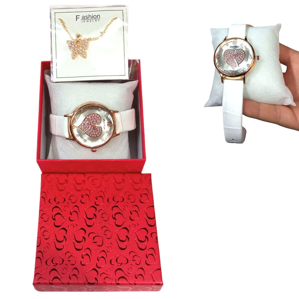 Set de Reloj Corazon y Collar en Cofre Dia de la Madre Blanco
