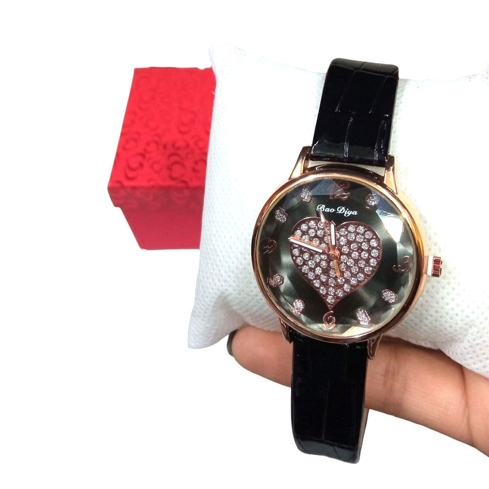 Set de Reloj Corazon y Collar en Cofre Dia de la Madre Negro