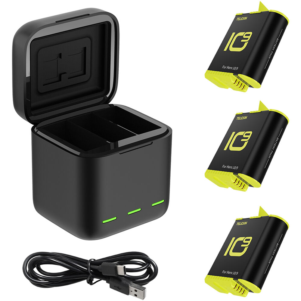 Cargador de Baterías LED TELESIN con 3 Baterías para GoPro HERO9/10/11 - Caja de Almacenamiento y Le