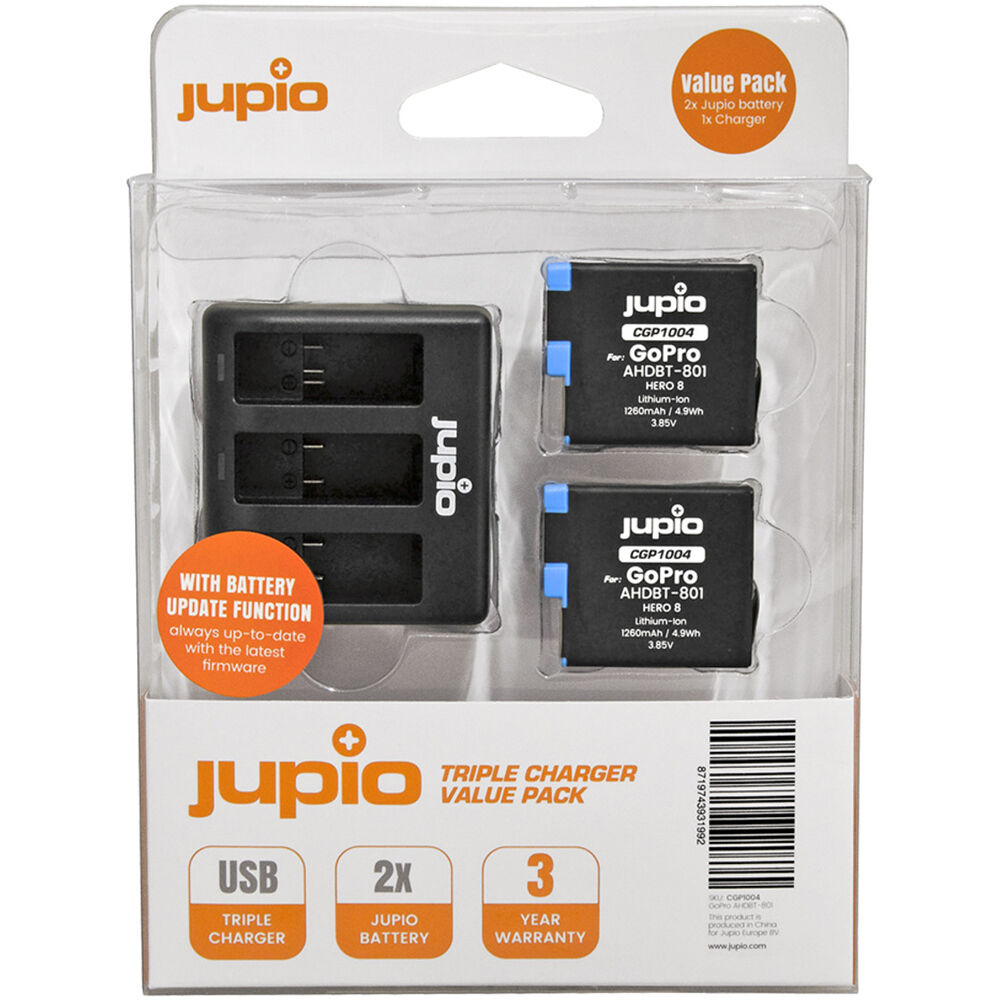 Baterías Jupio 2 x 1260mAh Li-Ion y Kit de Cargador Triple para GoPro HERO8 - Reemplazo para Batería
