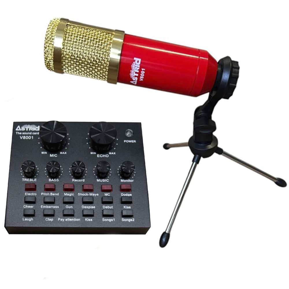Kit Tarjeta de Sonido V8 Micrófono Condensador Mini Tripode Maletín