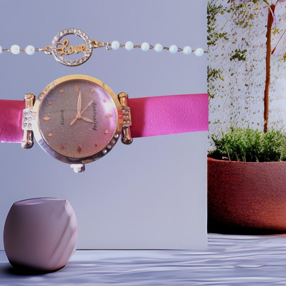 RELOJ DE MUJER CUARZO CON CORREA FUCSIA Y BRAZALETE