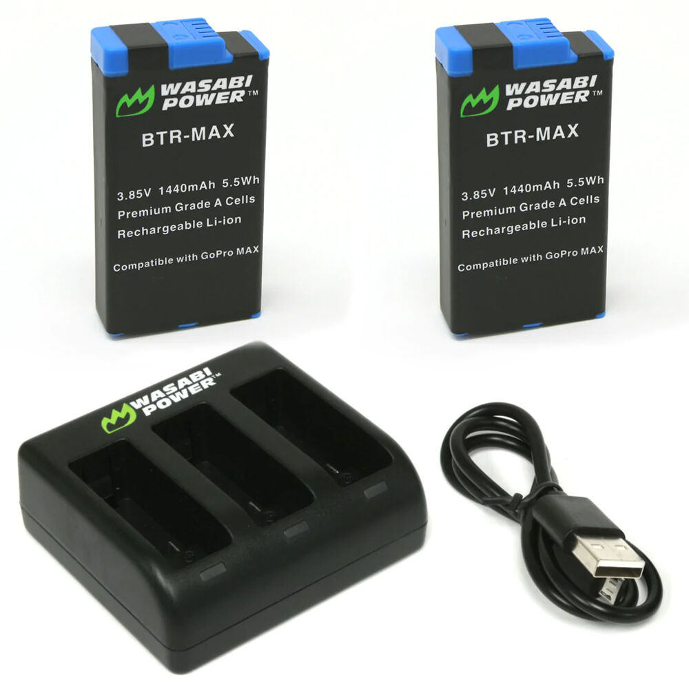 Cargador de Tres Bahías y Paquete de Baterías de Litio-Ion para GoPro MAX - Incluye Dos Baterías Rec