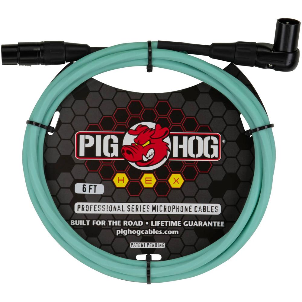 Cable de Micrófono Pig Hog Hex Series de 6' (Verde Mar) con Diseño de Enrollado Sin Enredos, Manga d