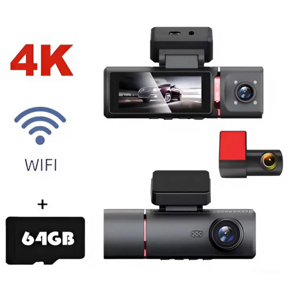 Cámara de Auto WIFI Triple Frontal Cabina y Retroceso + MicroSD 64 GB