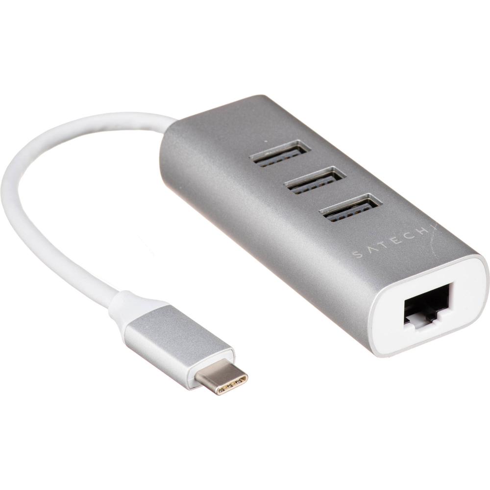 Satechi USB Type-C 2-en-1 Hub (Plata) - 3 Puertos USB 3.2 Gen 1 Type-A, Puerto Ethernet Gigabit, Luz