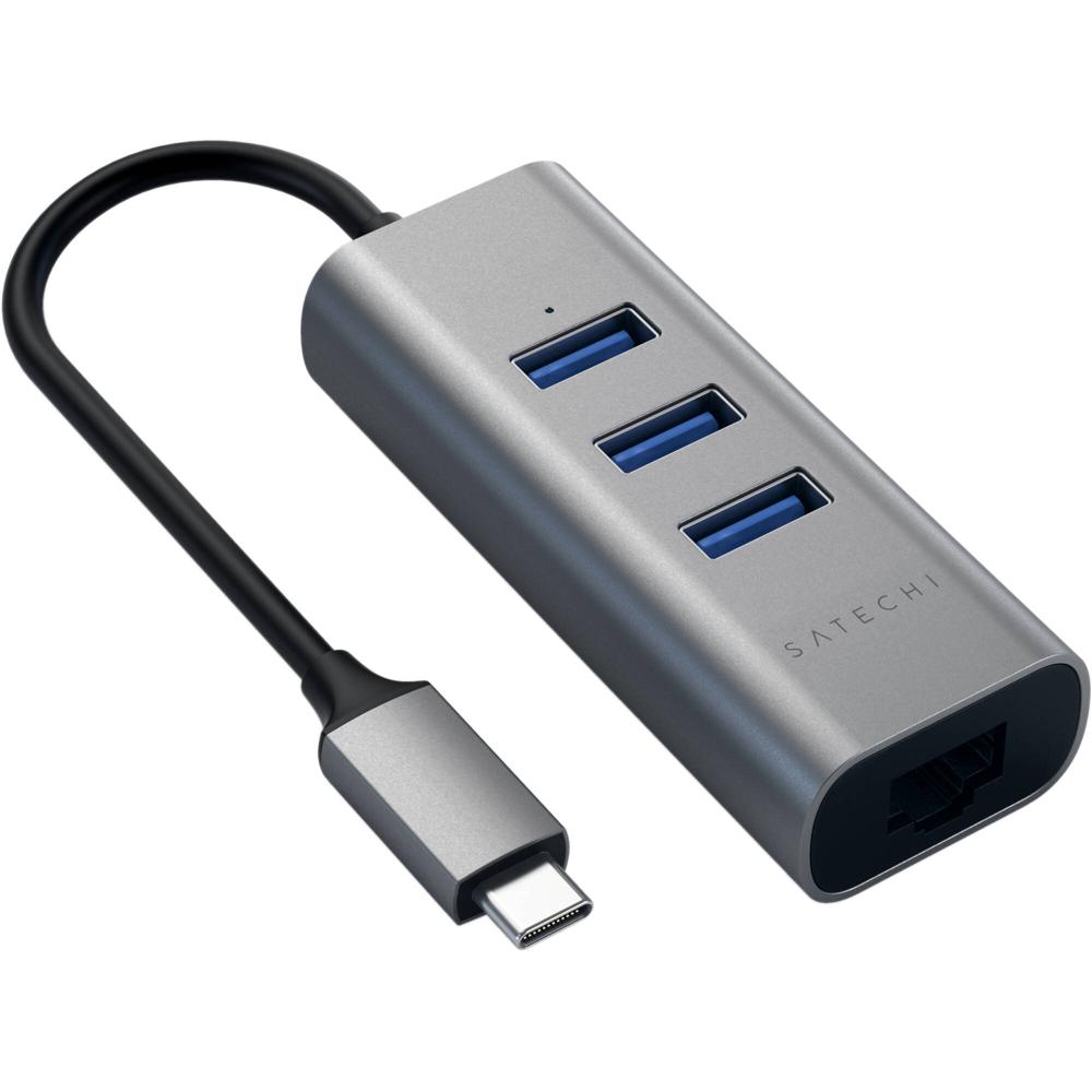 Satechi Hub 2-en-1 USB Tipo-C (Gris Espacial) - 3 Puertos USB 3.2 Gen 1, Puerto Ethernet Gigabit, Lu