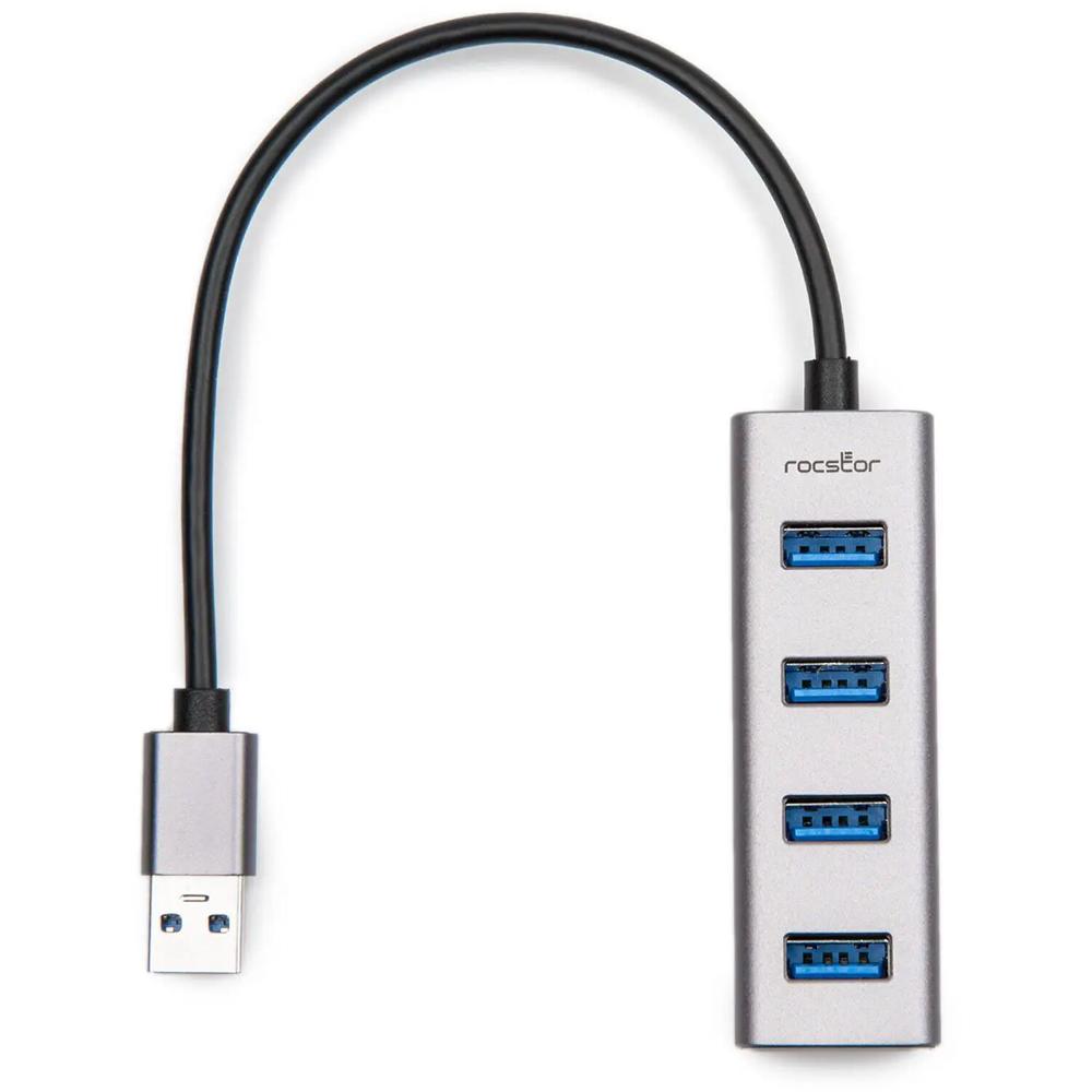 Rocstor Hub USB-A Portátil de 4 Puertos (Plata) - Interfaz USB-A 3.2 Gen 1, Conector Host USB-A, Dis