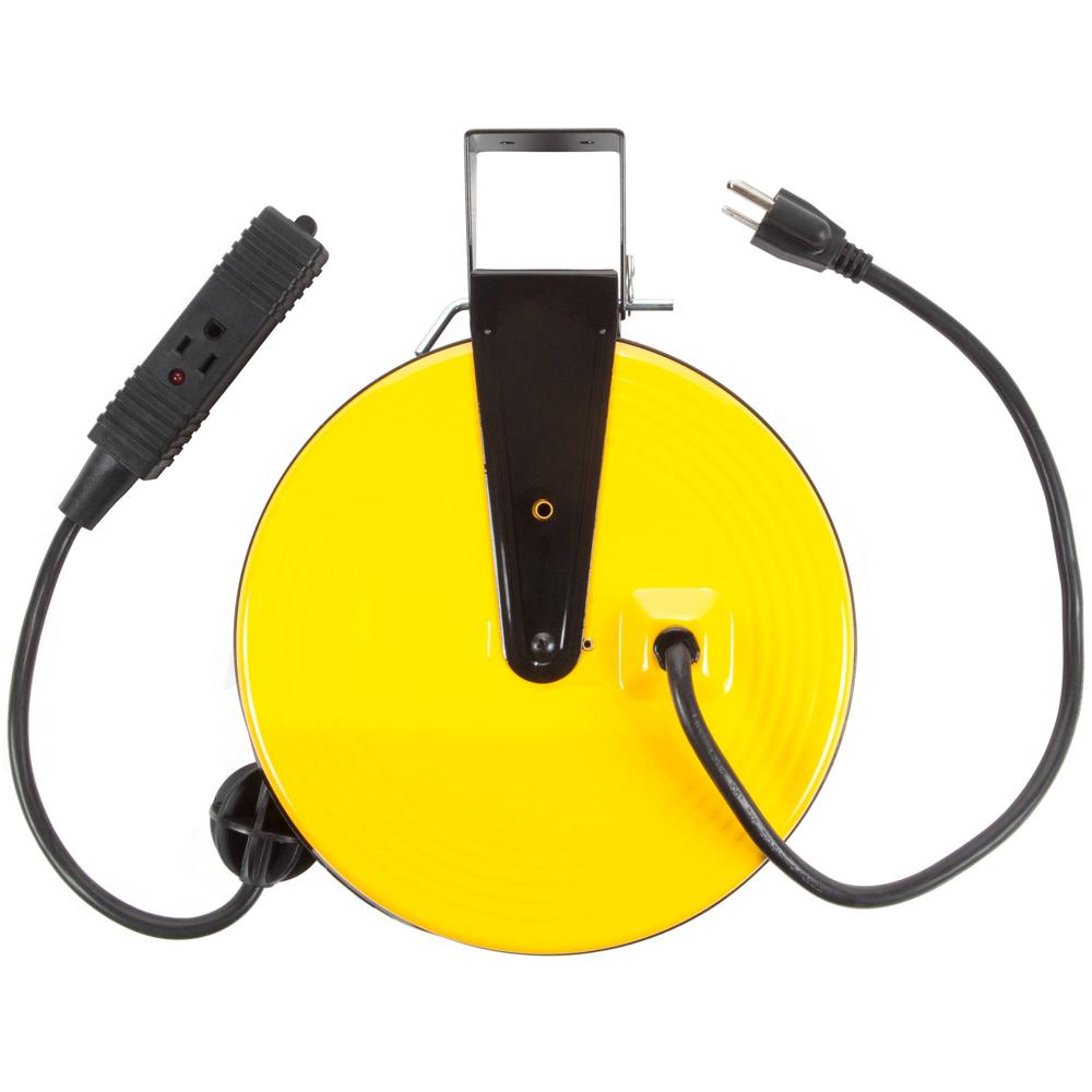 Reel de Cable de Extensión Retráctil Bayco Products (16 AWG, 30') - Cable de 3 Patas, 3 Salidas, Cer
