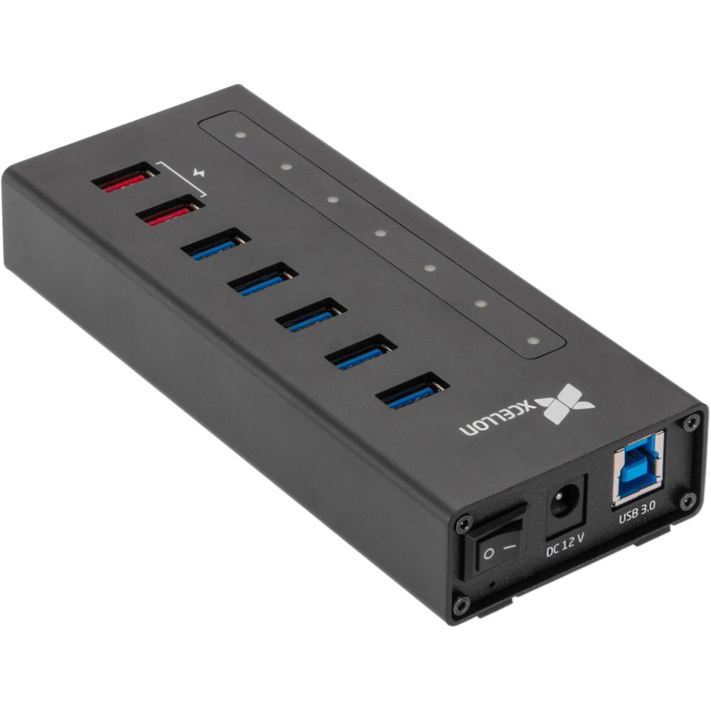 Xcellon Hub USB 3.0 Slim de Aluminio con 7 Puertos de Datos y 2 Puertos de Carga, Alimentado por AC,
