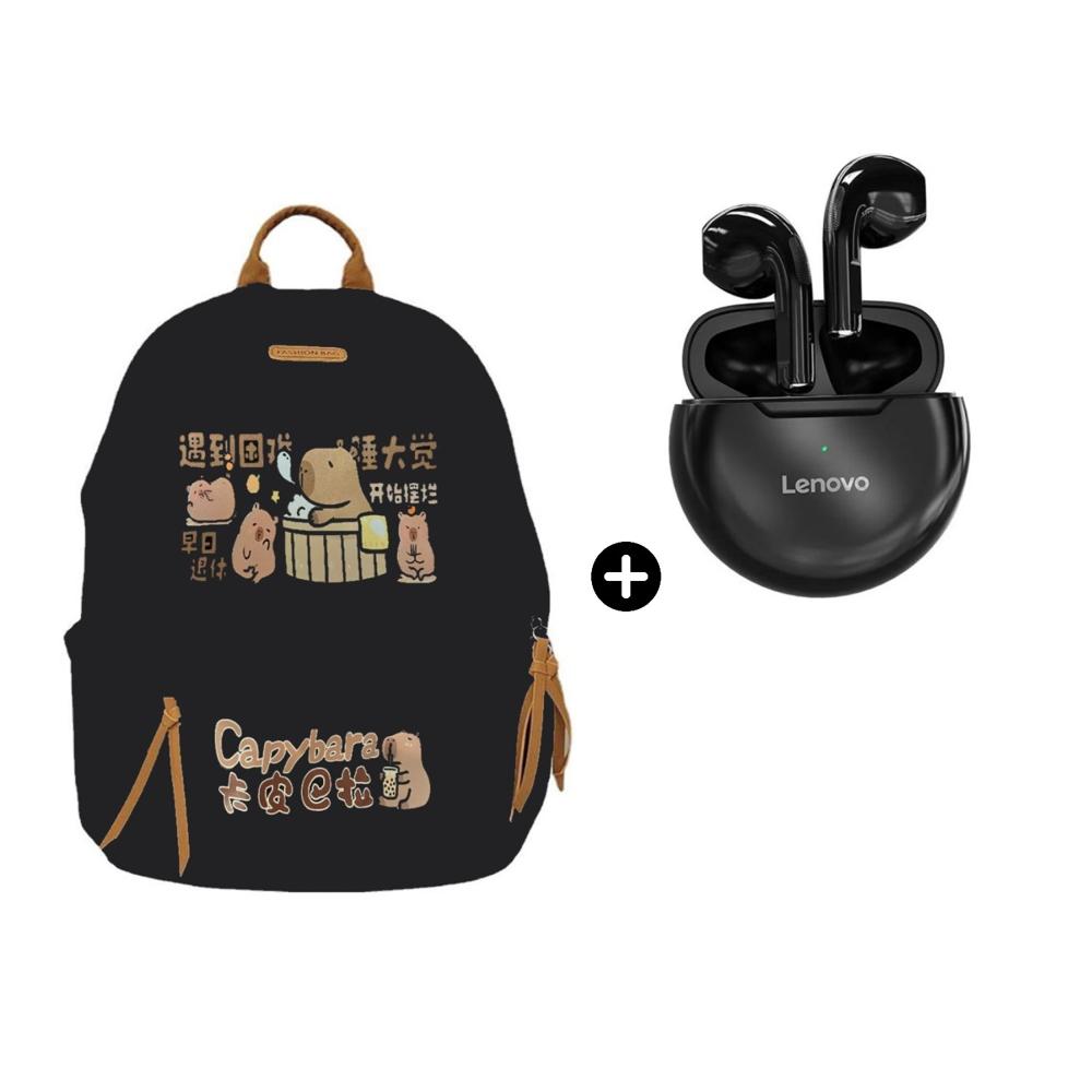 Audífono Lenovo HT38 BT Negro + Mochila Multiusos Capibara Viral con PortaLap Negro