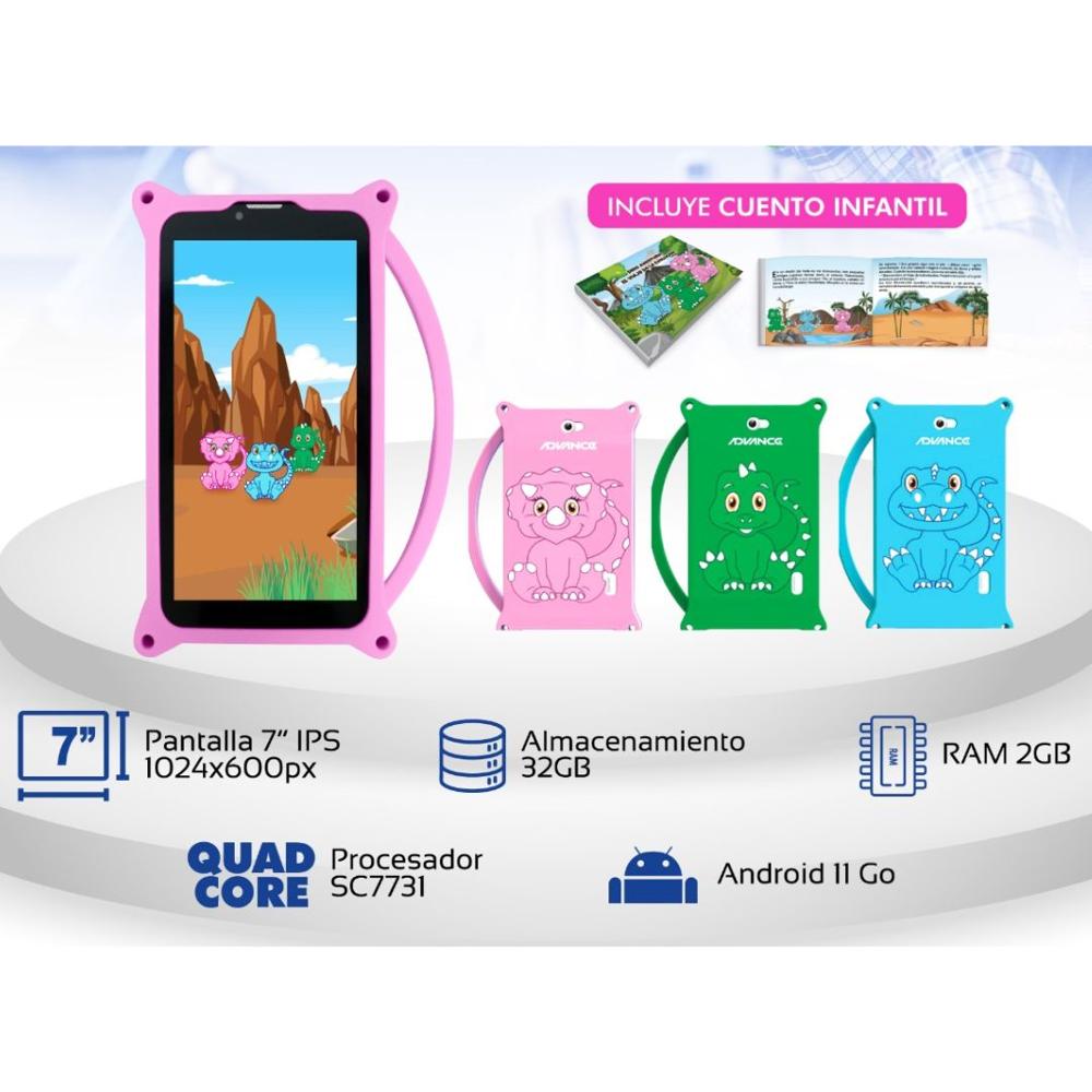 Tablet Para Niñas ADVANCE Prime 7 Pulgadas 2GB RAM 32GB ROM TR6955 + CASE DINO CELESTE